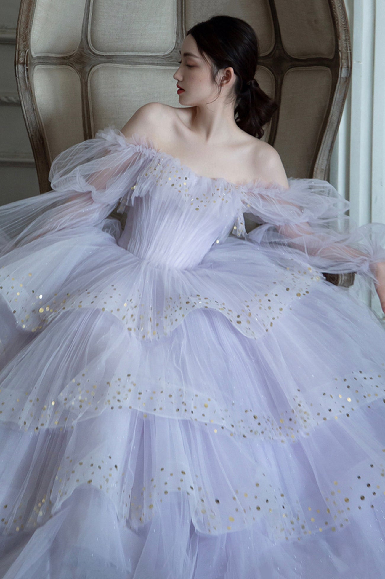 Unique pastel purple sparkle ball gown wedding/prom dress with glitter  tulle and court train