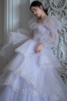 Purple Tulle Layers Long A-Line Prom Dress, Off the Shoulder Evening Gown