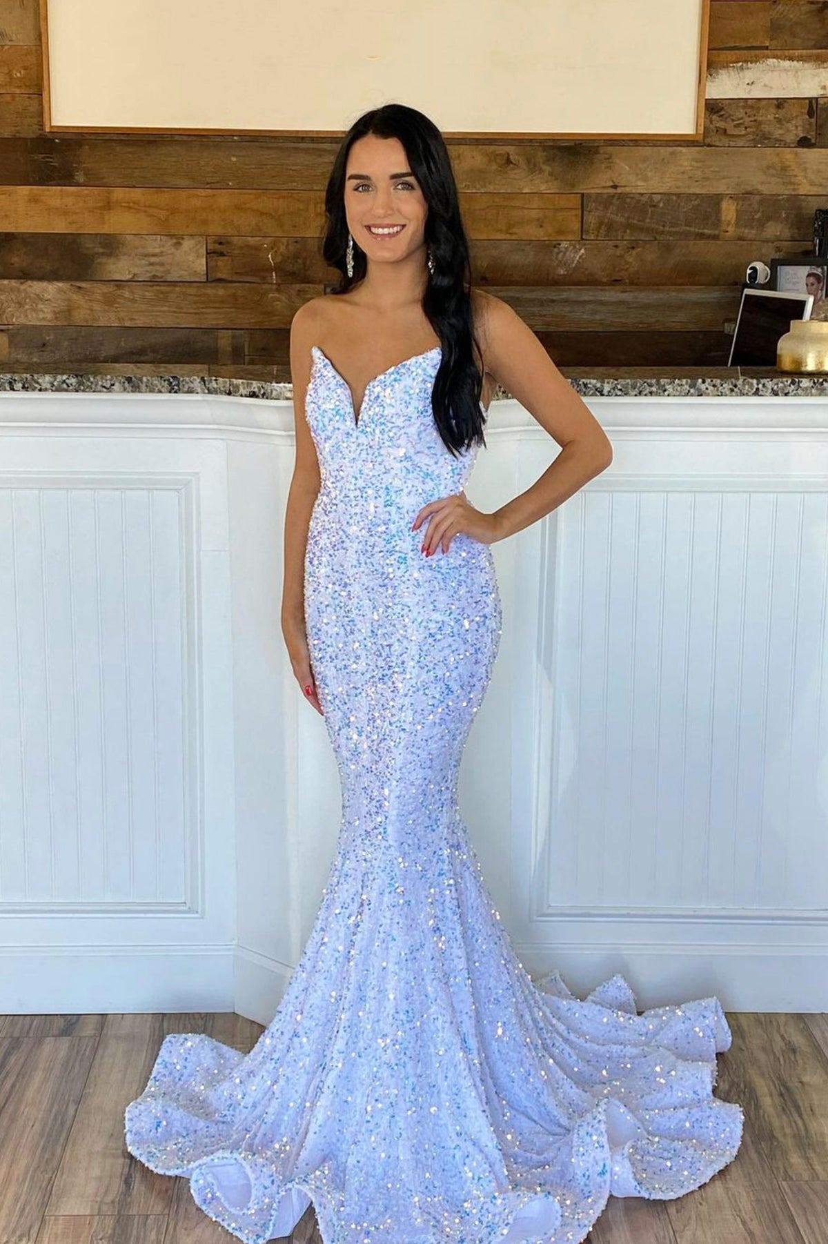 Mermaid Sequins Long Prom Dress, White Strapless Evening Party Dress
