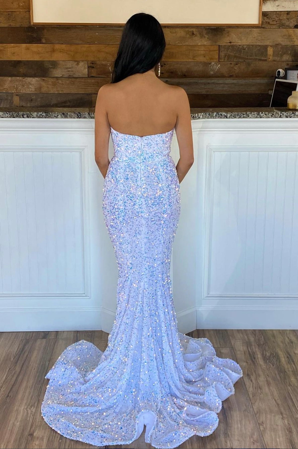 Mermaid Sequins Long Prom Dress, White Strapless Evening Party Dress