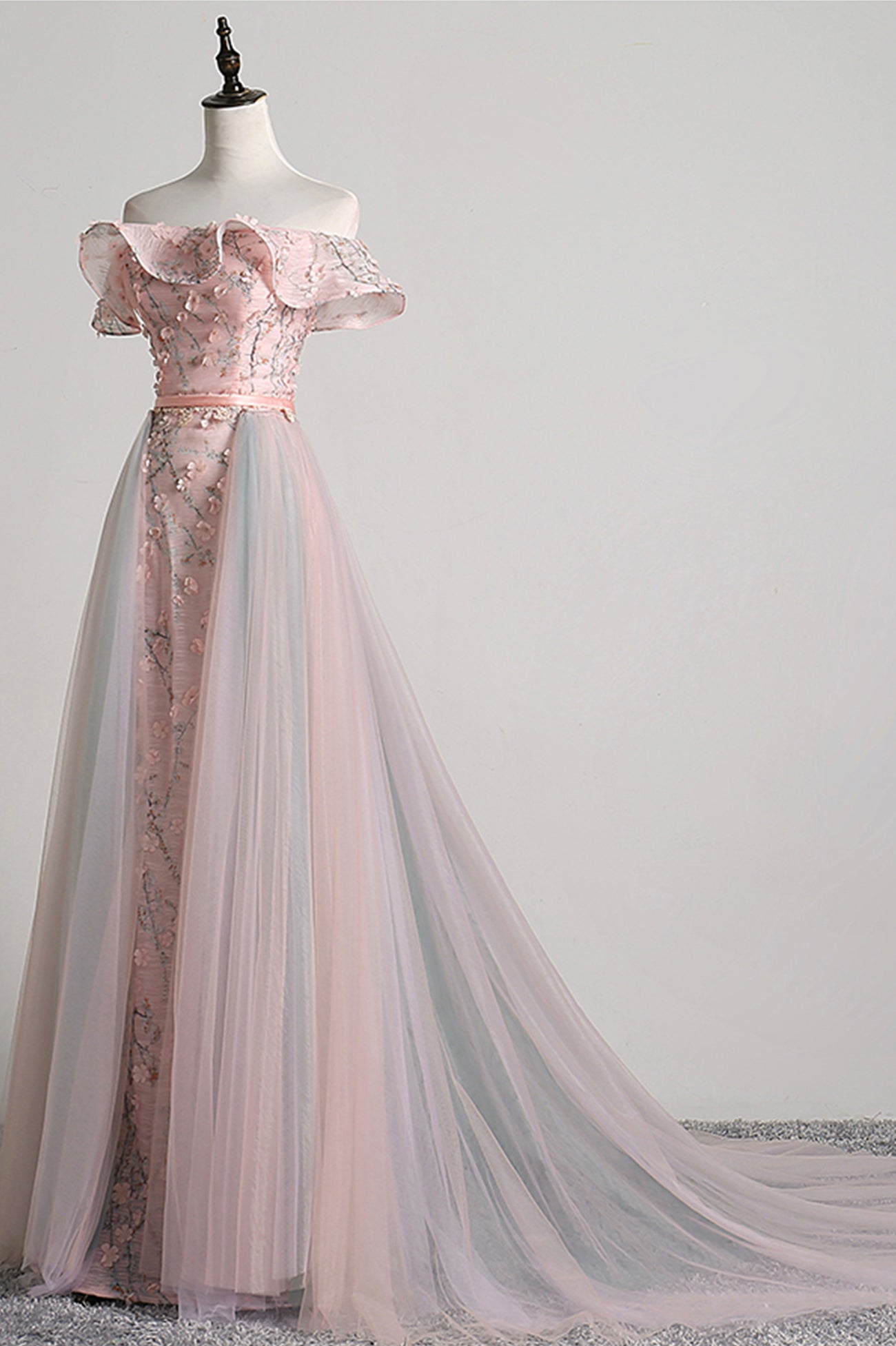 Pink Tulle Long A-Line Prom Dress with Train, Off the Shoulder Formal Evening Dress