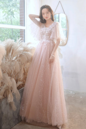 Pink V-Neck Tulle Long Prom Dress, A-Line Evening Graduation Dress