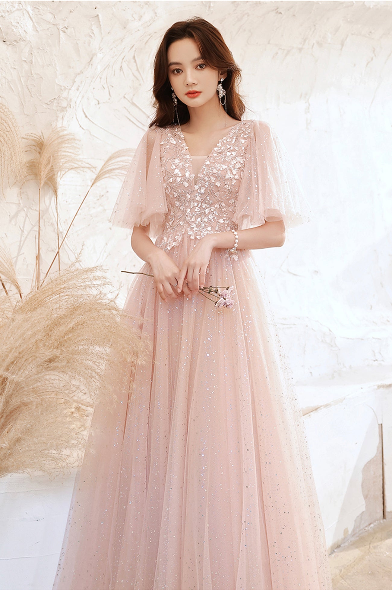 Pink V-Neck Tulle Long Prom Dress, A-Line Evening Graduation Dress