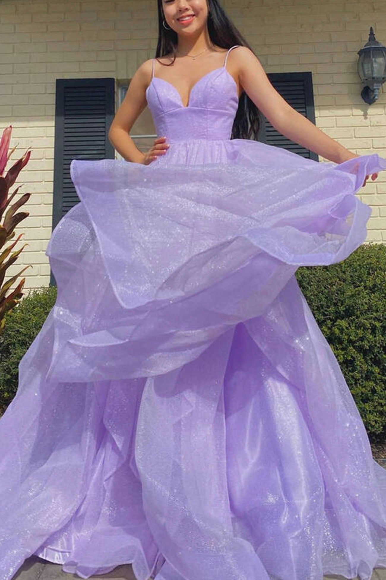 Purple Tulle Long A-Line Prom Dress, V-Neck Spaghetti Straps Evening Dress