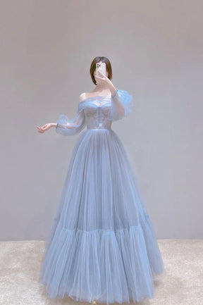 Blue Tulle Long A-Line Prom Dress, Blue Off the Shoulder Evening Party Dress