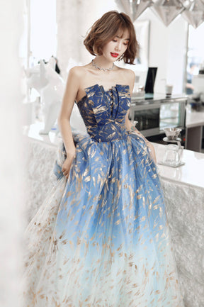 Blue Gradient Tulle Long Prom Dress, A-Line Strapless Evening Party Dr Blue Gradient Tulle Long Prom Dress, A-Line Strapless Evening Party Dr