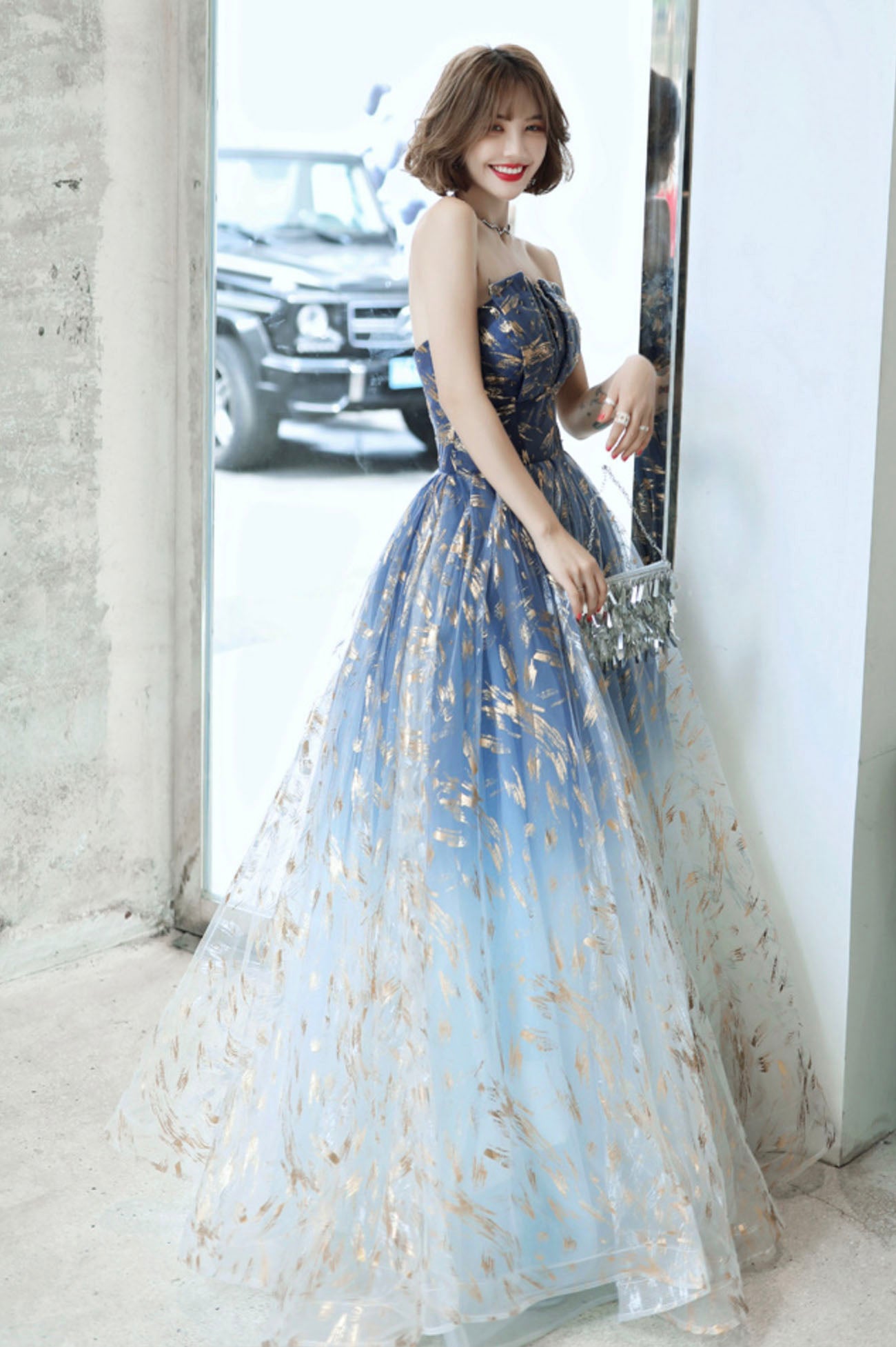 Blue Gradient Tulle Long Prom Dress, A-Line Strapless Evening Party Dr Blue Gradient Tulle Long Prom Dress, A-Line Strapless Evening Party Dr