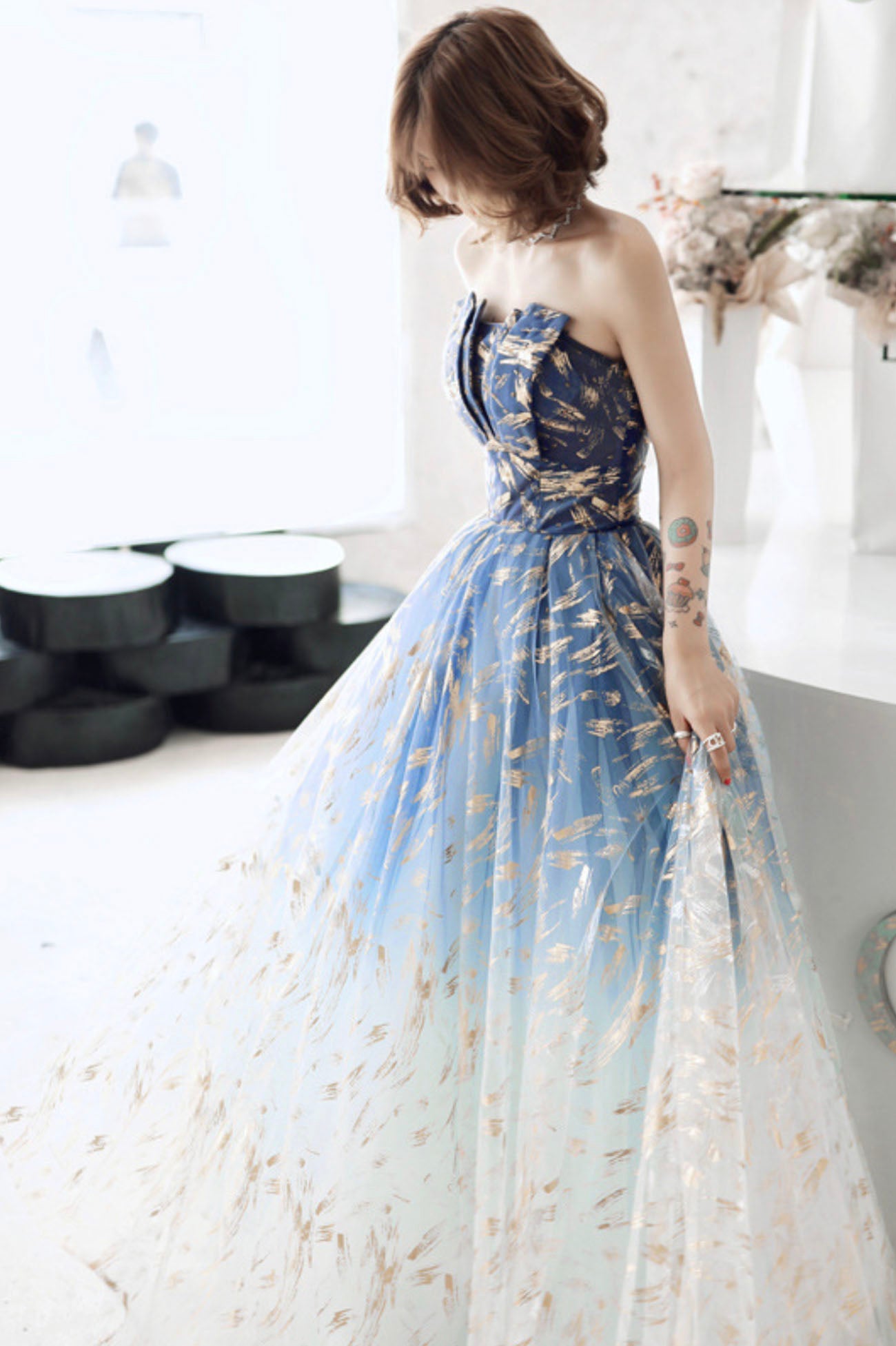 Blue Gradient Tulle Long Prom Dress, A-Line Strapless Evening Party Dress