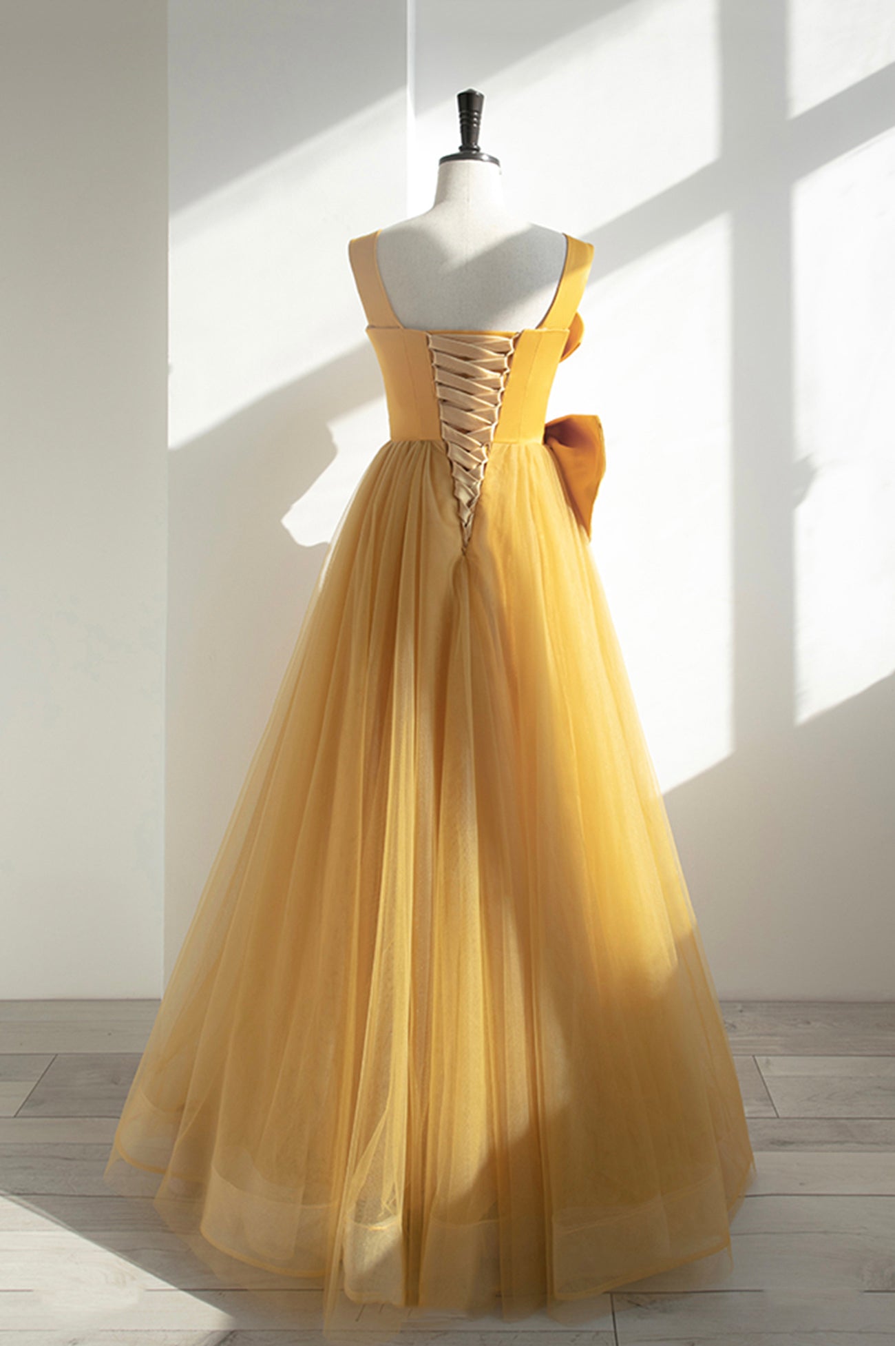 Yellow Tulle Long A-Line Prom Dress, Cute Evening Dress with Bow