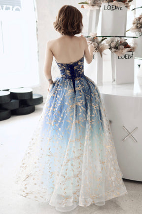 Blue Gradient Tulle Long Prom Dress, A-Line Strapless Evening Party Dress