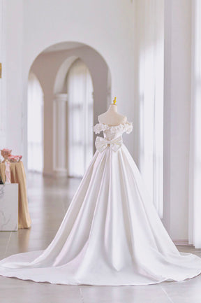 White Satin Long A-Line Ball Gown, Off the Shoulder Wedding Gown