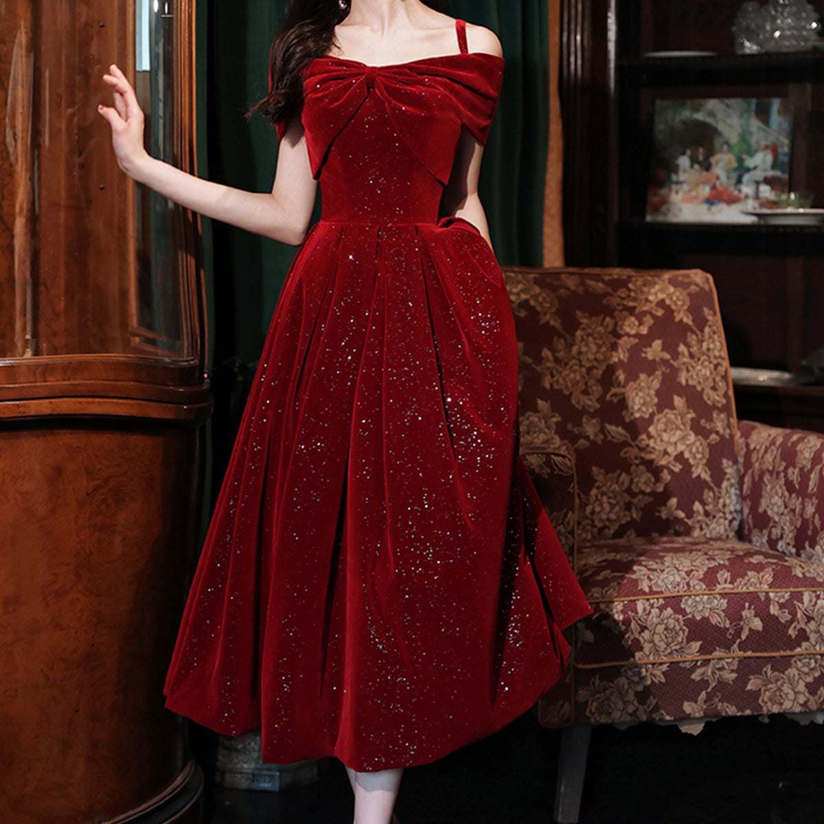 Cute Velvet Short A-Line Prom Dress, Burgundy Off the Shoulder Party D