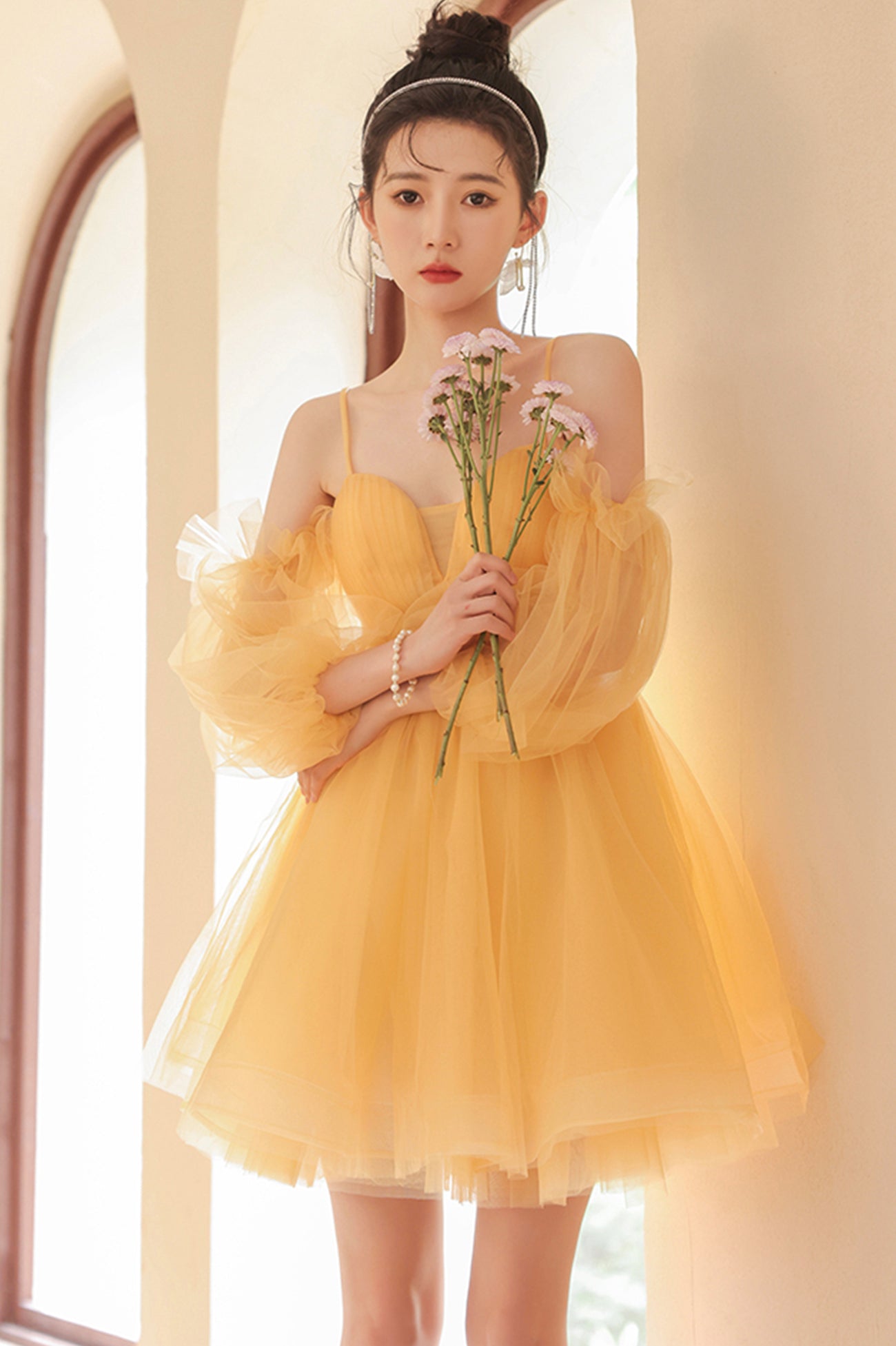 Yellow Tulle Short A-Line Prom Dress, Yellow Homecoming Party Dress