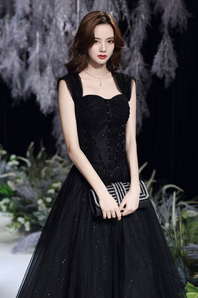 Black Tulle Sequins Long Prom Dress, A-Line Evening Party Dress