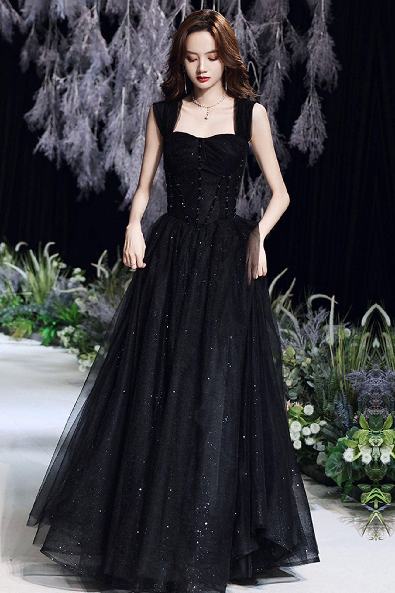 Black Tulle Sequins Long Prom Dress, A-Line Evening Party Dress