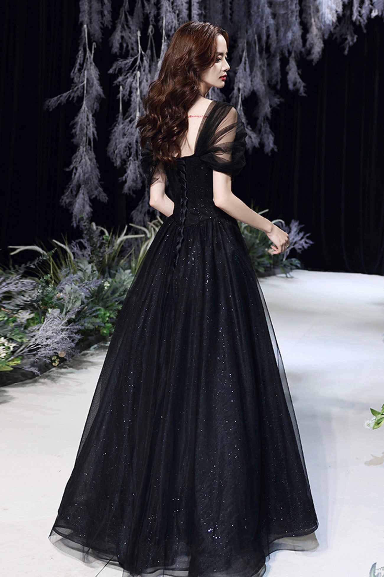 Black Tulle Sequins Long Prom Dress, A-Line Evening Party Dress