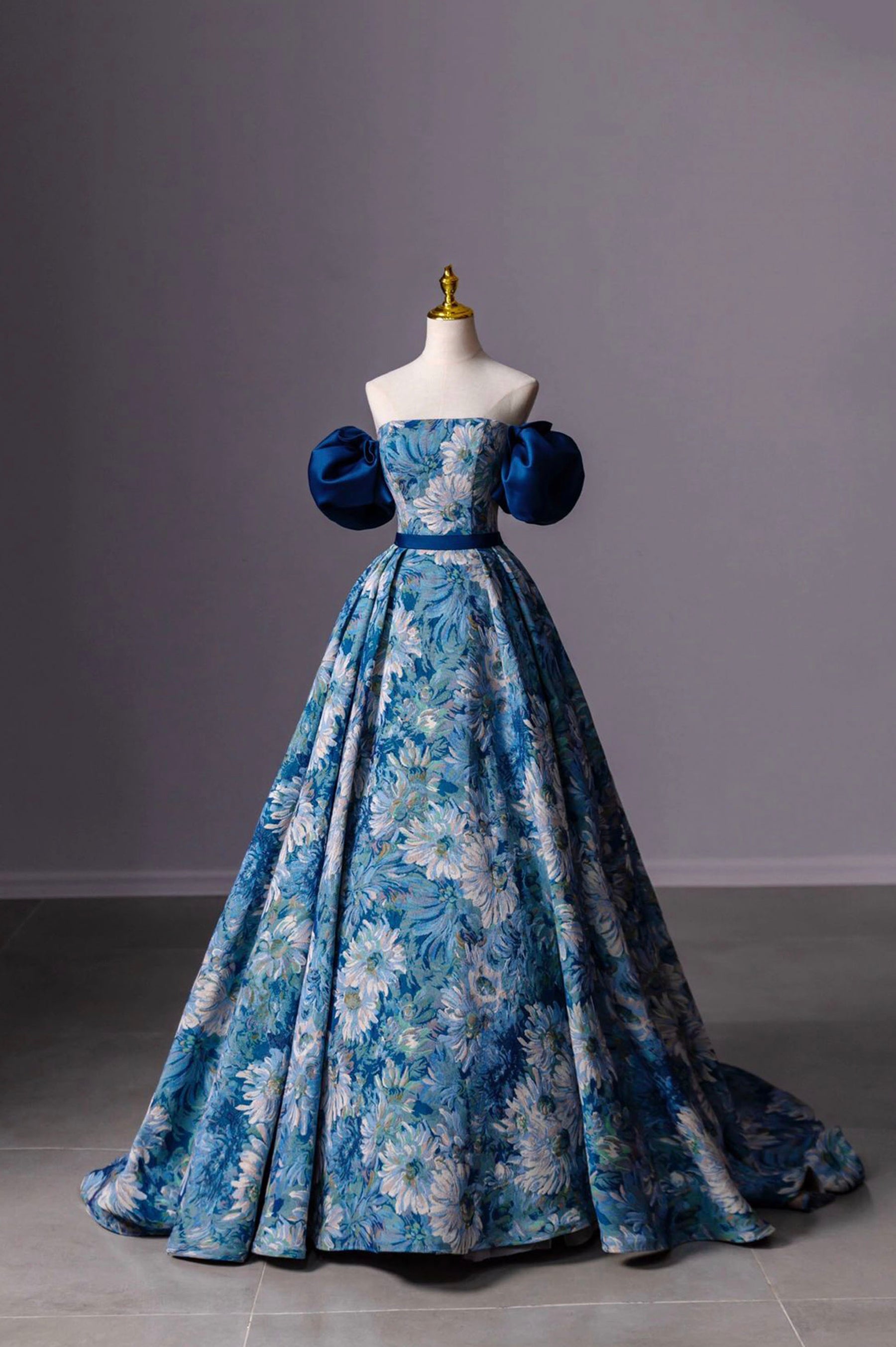 printed long dresses formal Sydneys Closet SC7386 Long Prom Dress Plus Size Strapless A-Line Floral Slit Puff Sleeves Train Pockets Formal Gown 18 / Multi Floral
