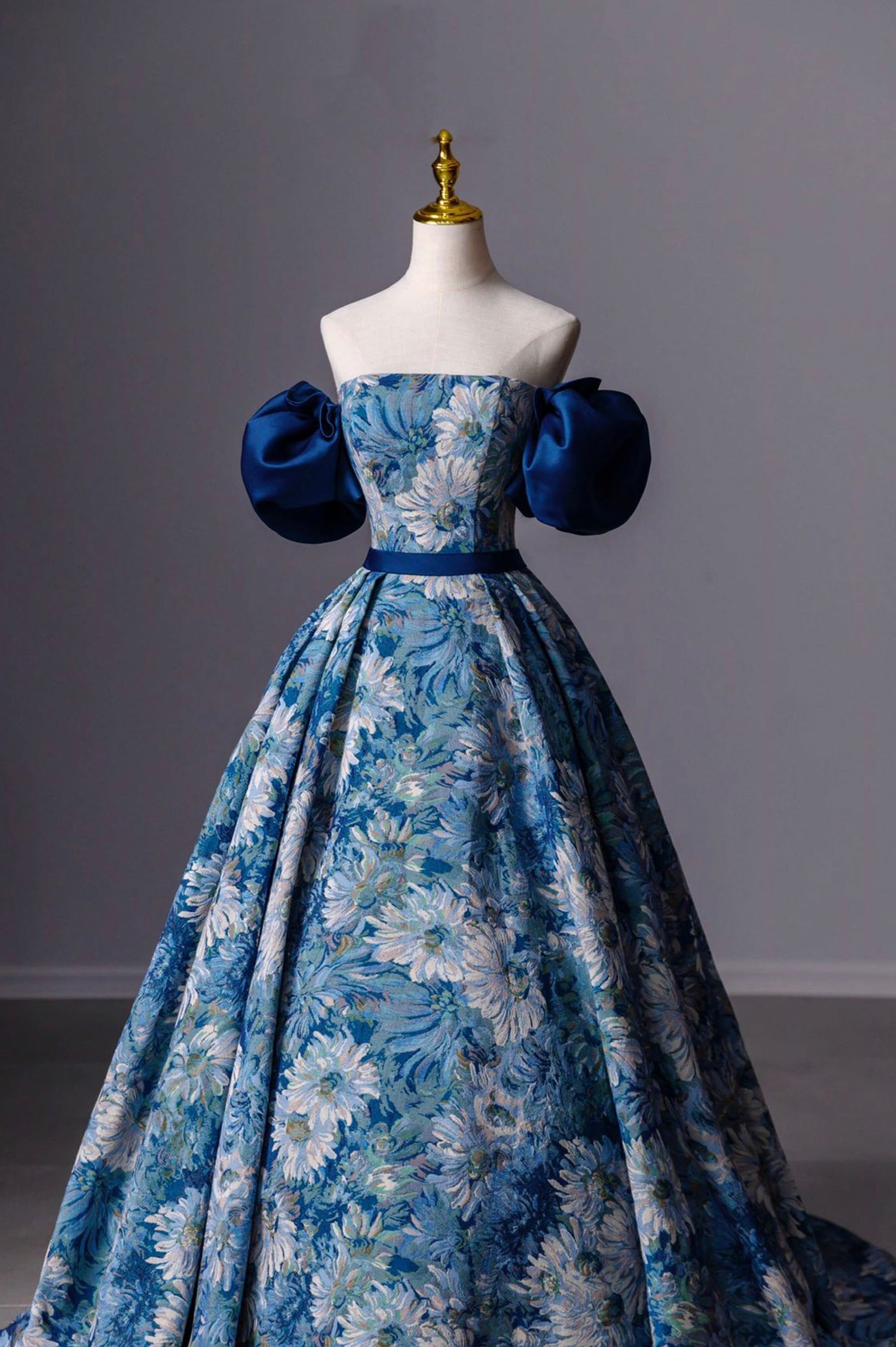 Blue Printed Long A-Line Prom Dress, Blue Off the Shoulder Formal Evening Dress