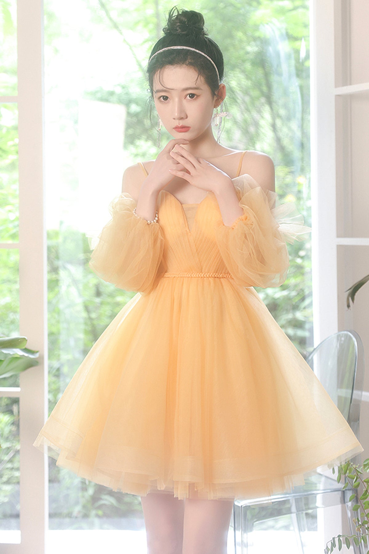 Yellow Tulle Short A-Line Prom Dress, Yellow Homecoming Party Dress