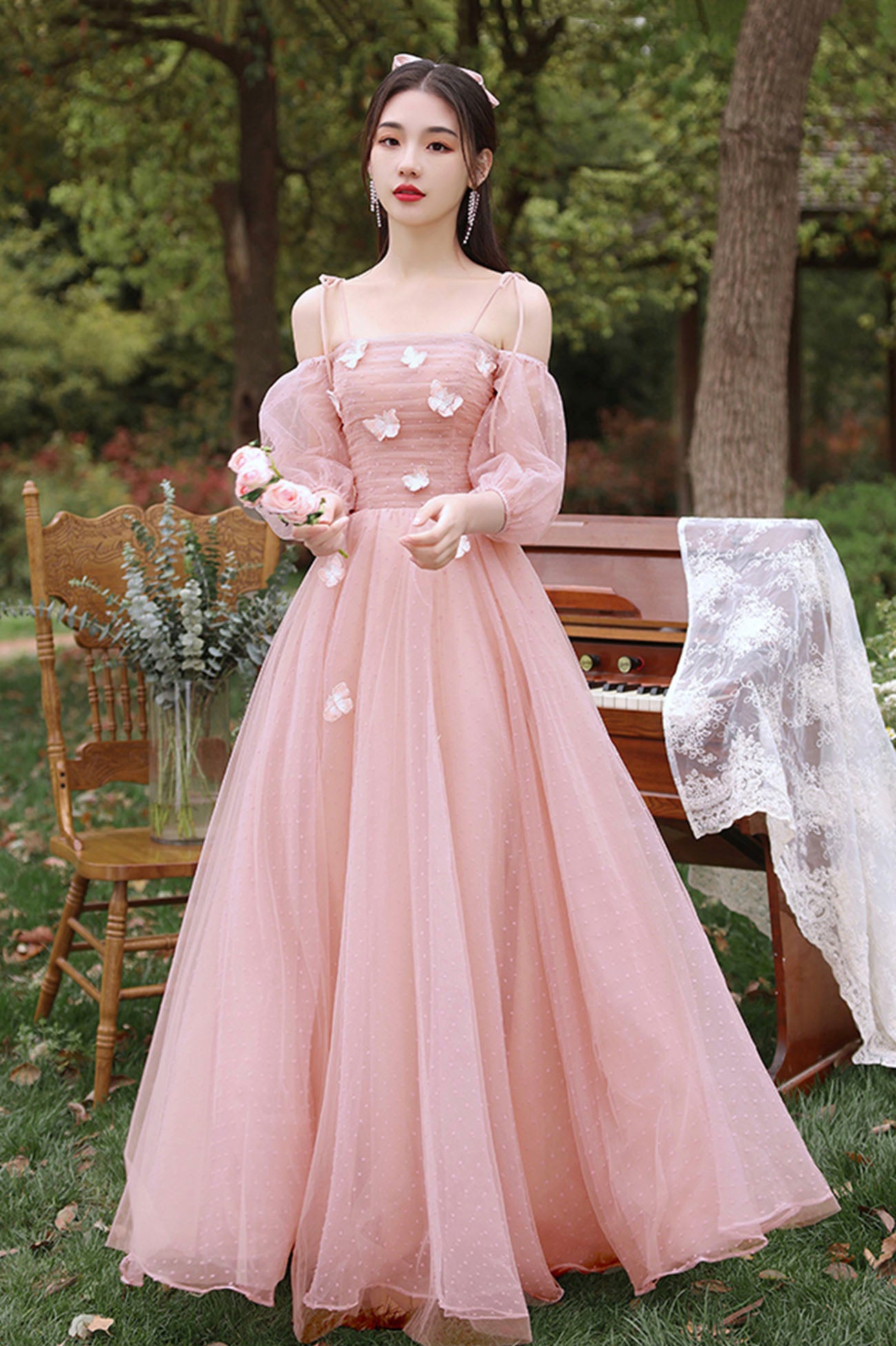 Pink Tulle Long A-Line Prom Dress, Cute Pink Evening Party Dress US 14 / Pink / D