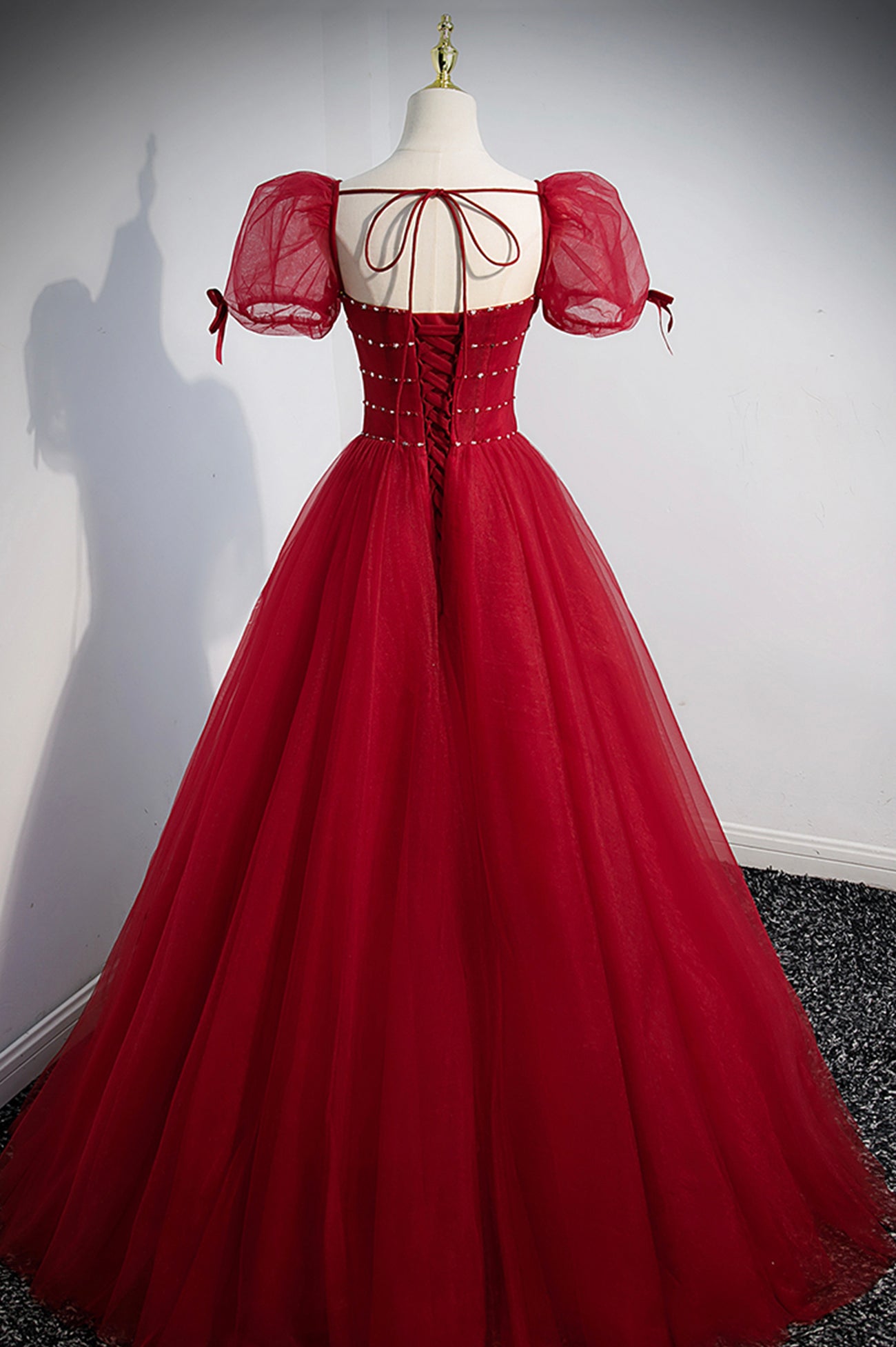 Red Tulle Floor Length Evening Party Dress, Red Short Sleeve Graduatio Red Tulle Floor Length Evening Party Dress, Red Short Sleeve Graduatio