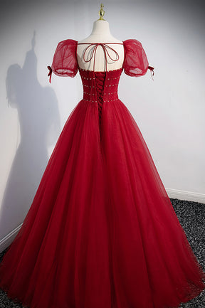 Red Tulle Floor Length Evening Party Dress, Red Short Sleeve Graduation Dress