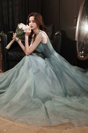 Beautiful Green Tulle Long Prom Dress, A-Line Spaghetti Straps Evening Dress