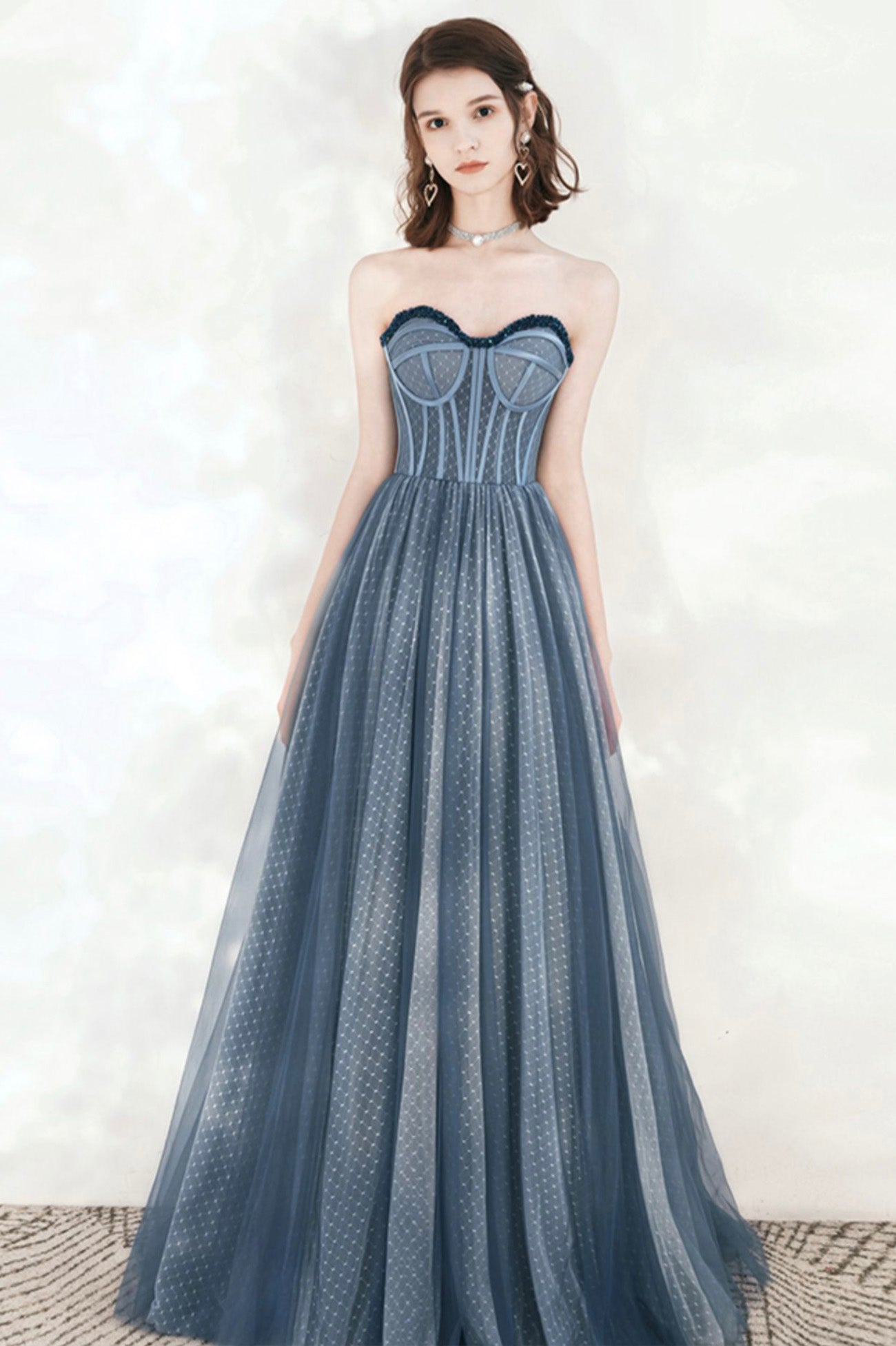 Blue Sweetheart Neckline Tulle Long Prom Dress, A-Line Strapless Evening Dress