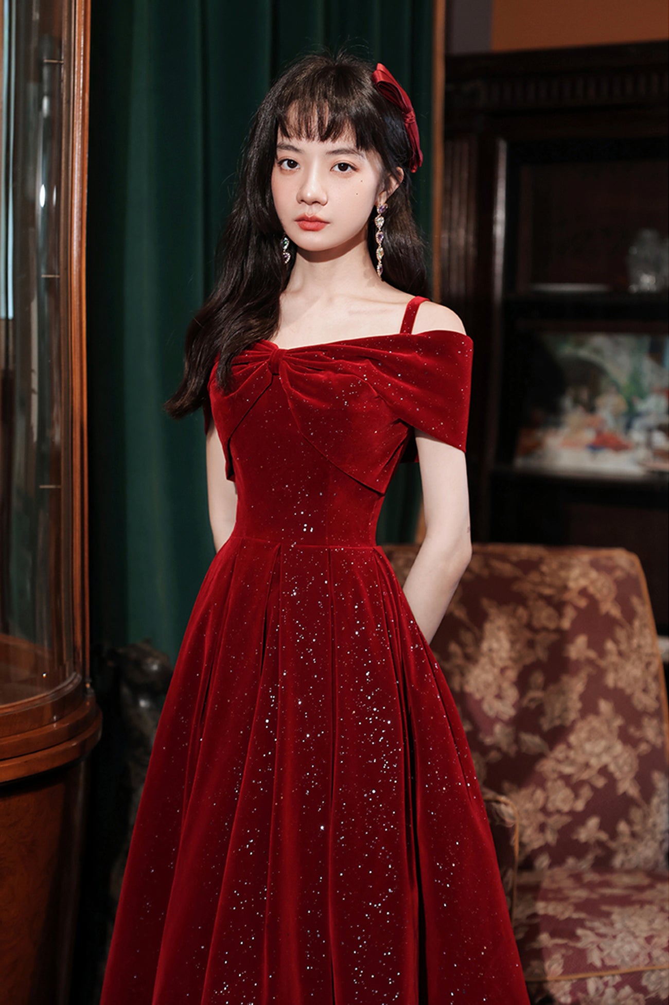 Cute Velvet Short A-Line Prom Dress, Burgundy Off the Shoulder Party D Cute Velvet Short A-Line Prom Dress, Burgundy Off the Shoulder Party D