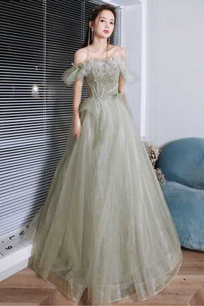 Green Shiny Tulle Long Prom Dress with Sequins, Green Evening Graduation Dress