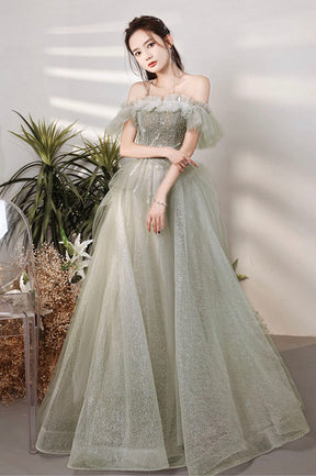 Green Shiny Tulle Long Prom Dress with Sequins, Green Evening Graduation Dress