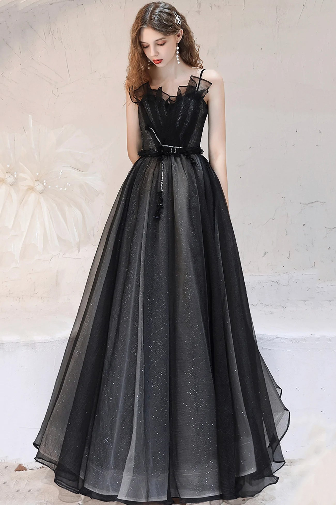 Black Tulle Long A-Line Prom Dress, A-Line Spaghetti Strap Evening Par Black Tulle Long A-Line Prom Dress, A-Line Spaghetti Strap Evening Par