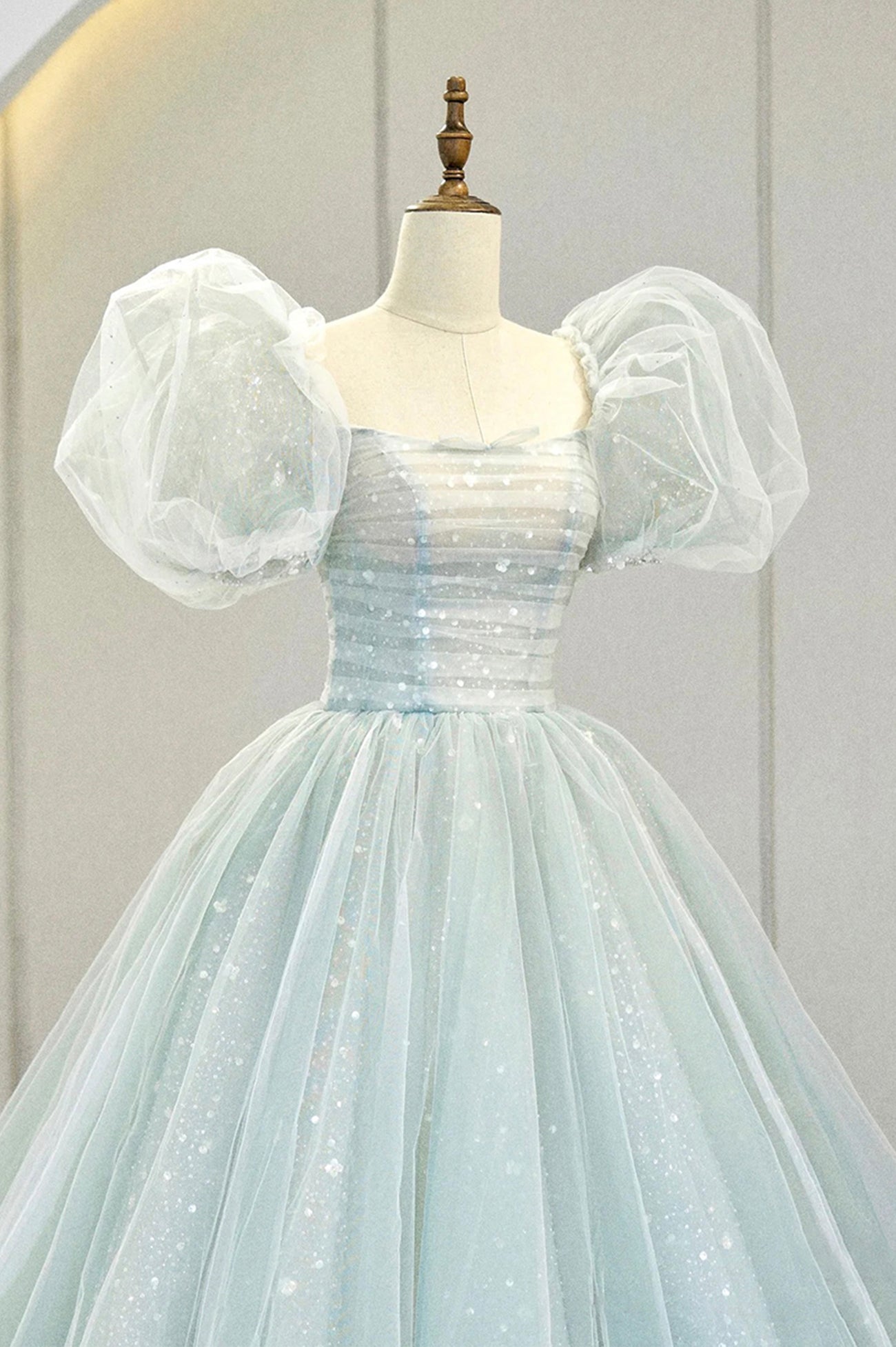 Blue Tulle Long A-Line Prom Dress with Sequins, Lovely Puff Sleeve Evening Gown