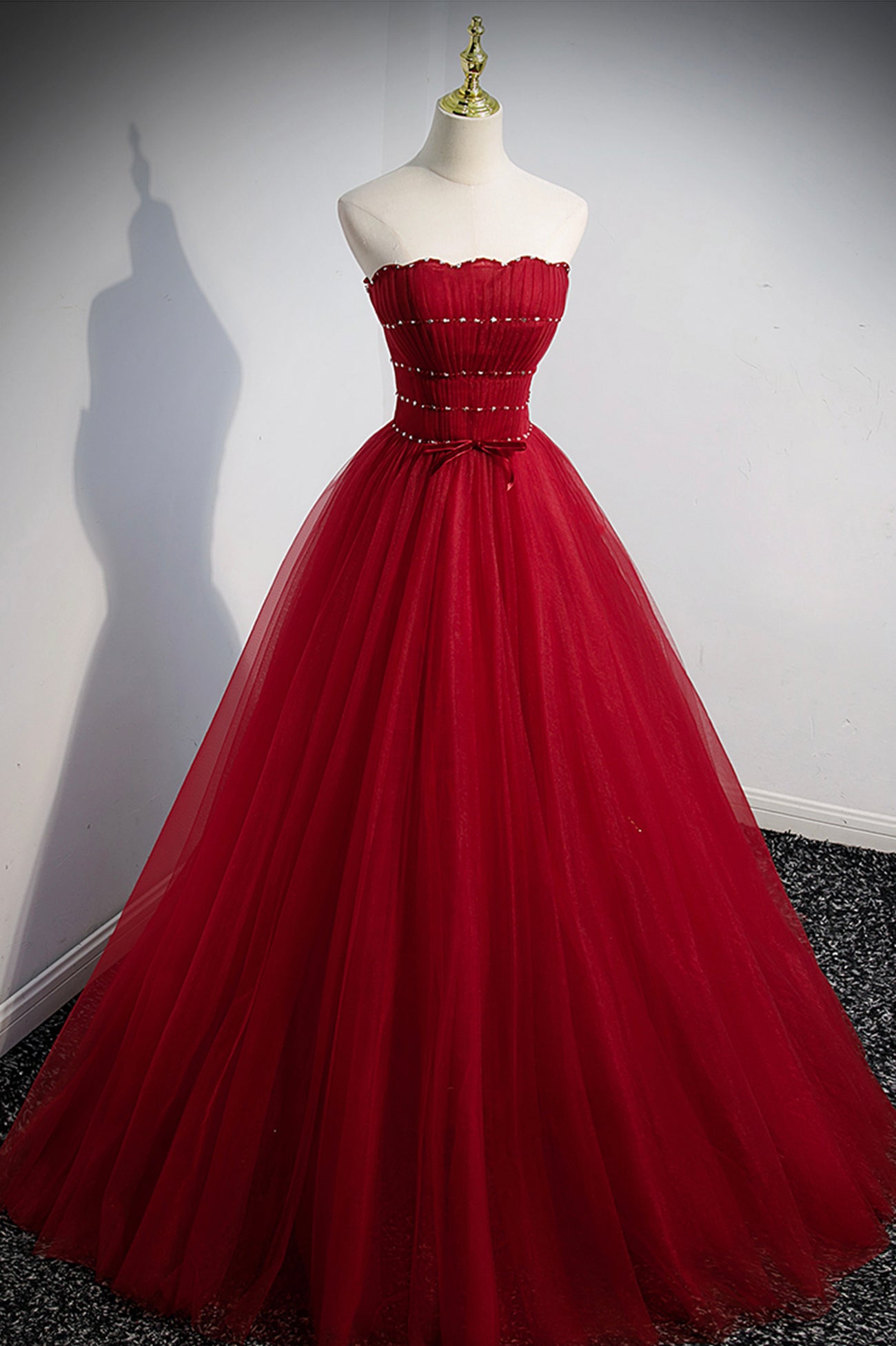 Red Tulle Floor Length Evening Party Dress, Red Short Sleeve Graduation Dress