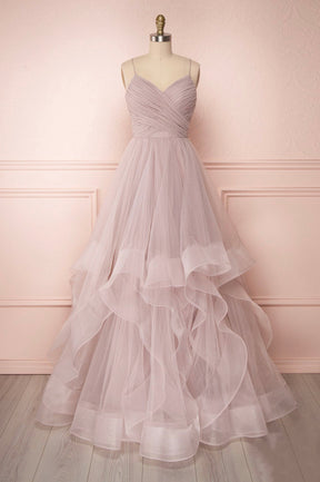 A-Line Tulle Layers Long Formal Dress, Cute V-Neck Evening Party Dress