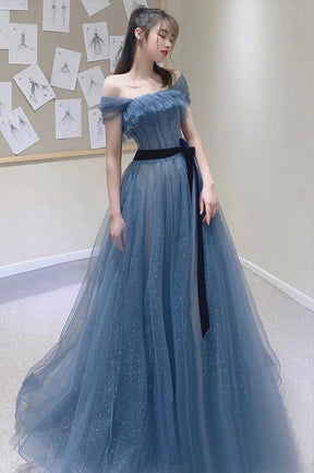 Blue Tulle Long A-Line Prom Dress, Off the Shoulder Evening Graduation Dress