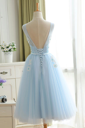 Blue Tulle Lace Short Prom Dress, A-Line Homecoming Party Dress