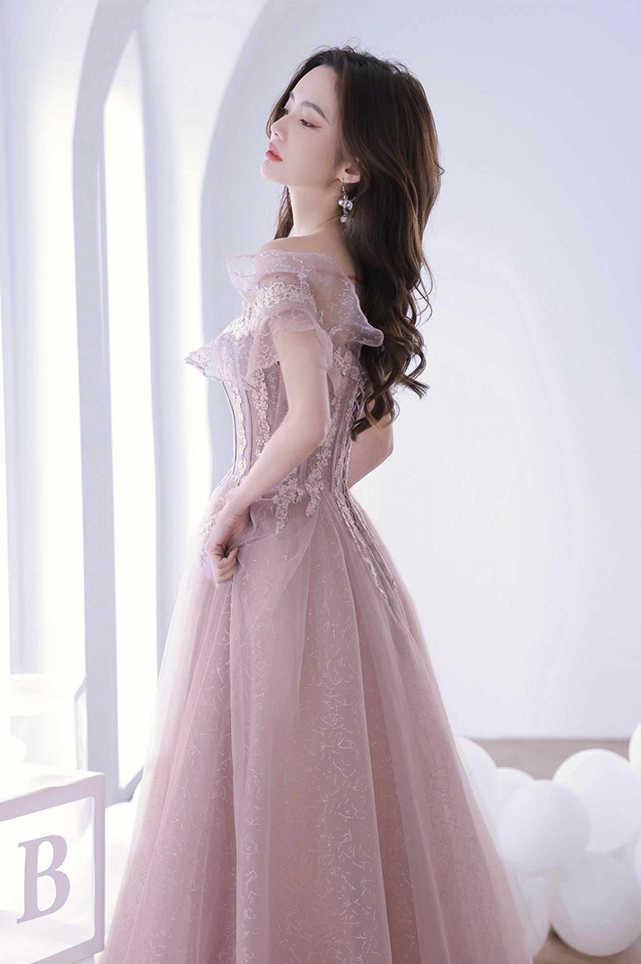 Pink Lace Off the Shoulder Prom Dress, Cute Pink Graduation Dress