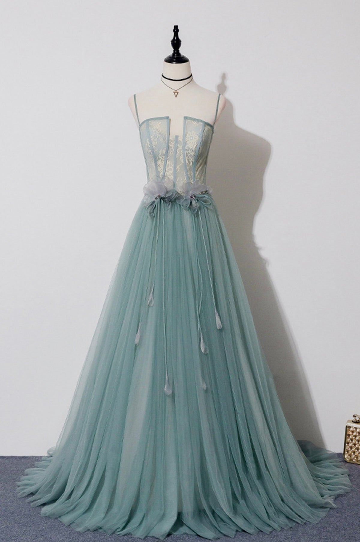 Green Tulle Lace Long A-Line Prom Dress, Spaghetti Strap Evening Dress