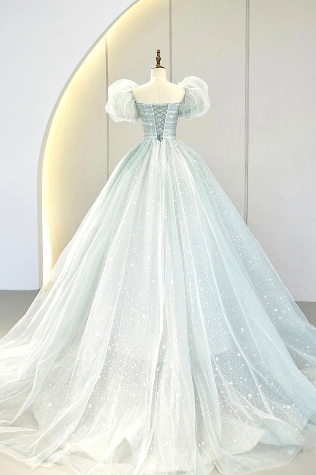Blue Tulle Long A-Line Prom Dress with Sequins, Lovely Puff Sleeve Evening Gown