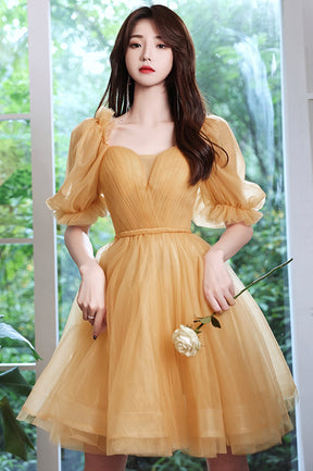 Yellow Short Tulle Party Dress, A-Line Off the Shoulder Homecoming Dress