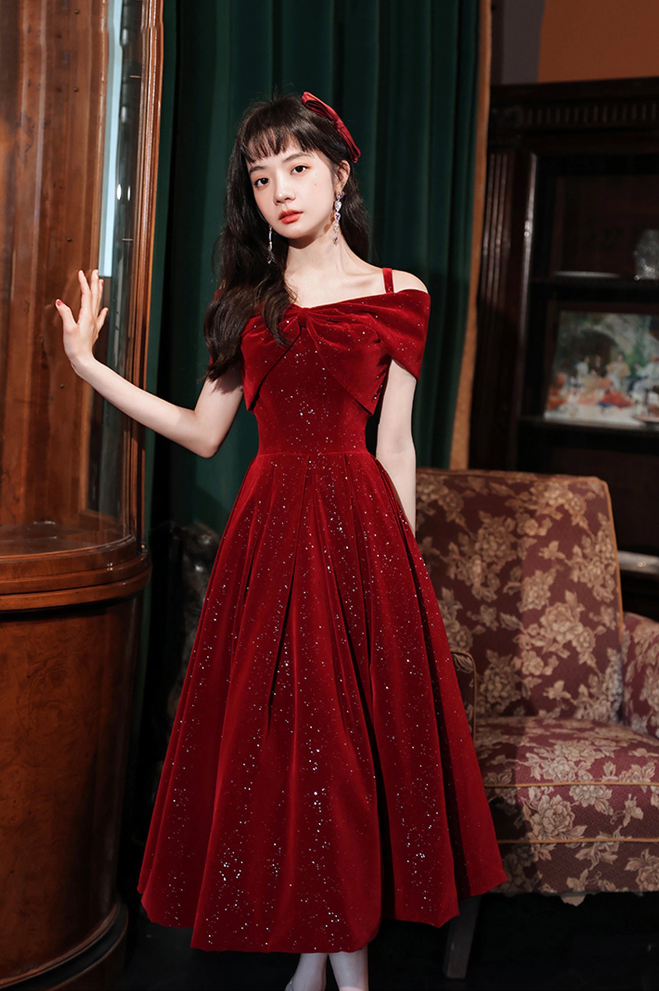 burgundy off the shoulder dress short A-Line Burgundy Satin Off the Shoulder Tea Length Short Prom Dress