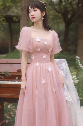 Pink Tulle Long A-Line Prom Dress, Cute Pink Evening Party Dress
