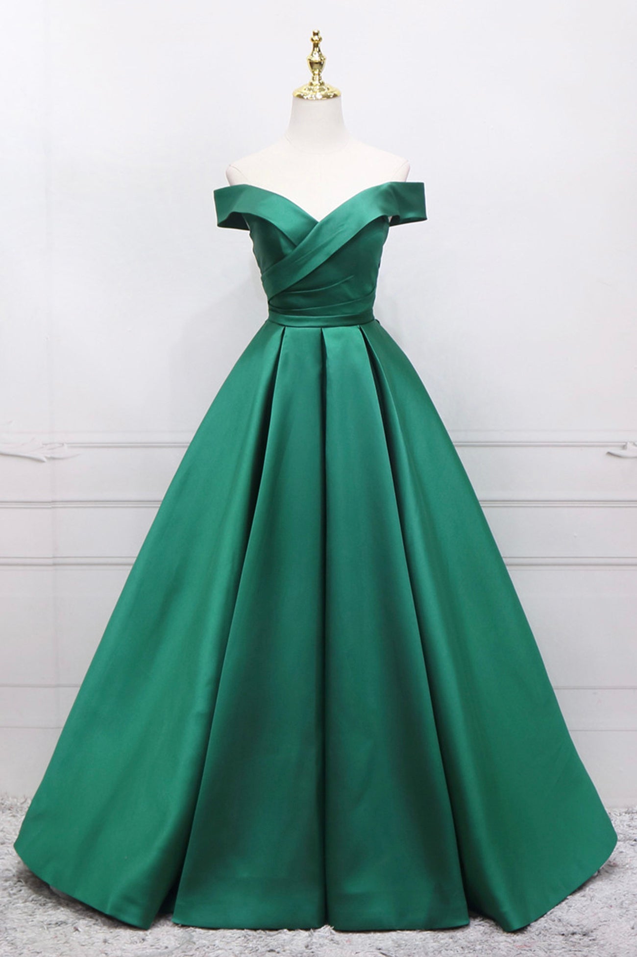 Green Satin Long A-Line Prom Dress, V-Neck Off the Shoulder Evening Dress