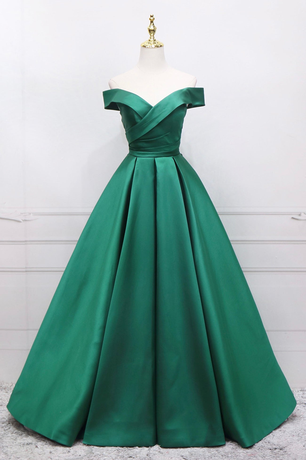 Green Satin Long A-Line Prom Dress, V-Neck Off the Shoulder Evening Dr