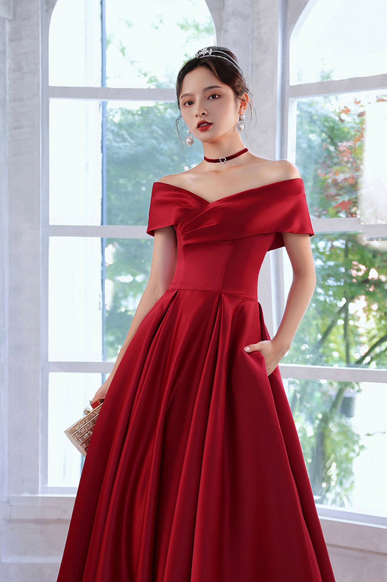 Burgundy Satin Long A-Line Prom Dress, Simple V-Neck Evening Dress