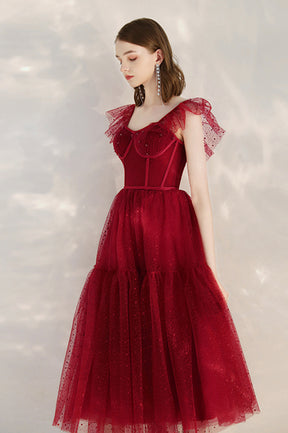 Burgundy Tulle Short Prom Dress, Cute A-Line Homecoming Party Dress