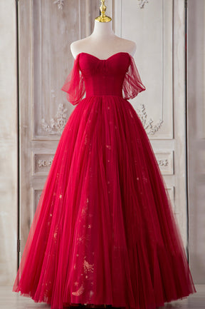 The Red Strapless Tulle Long A-Line Prom Dress