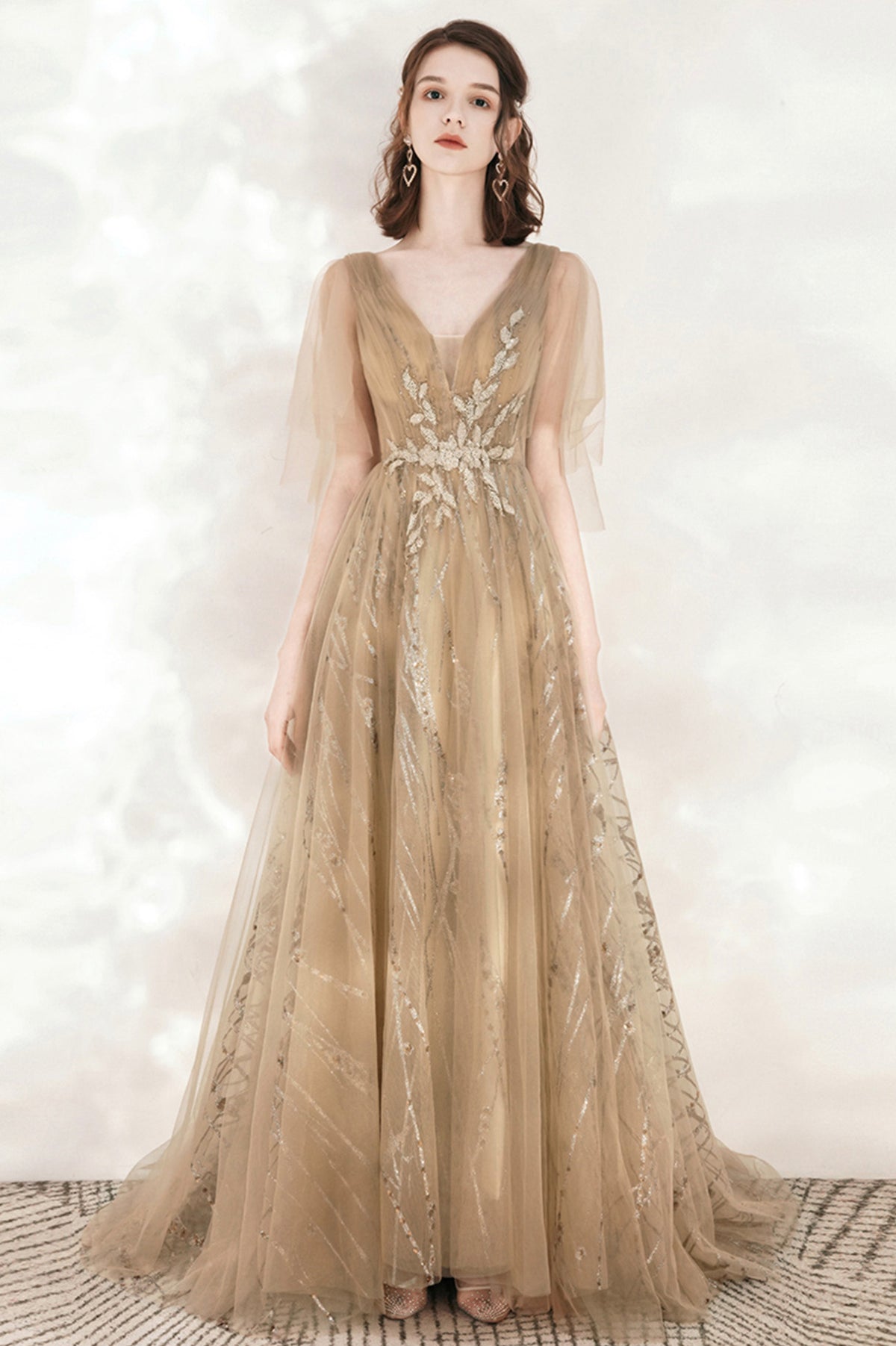 Champagne V-Neck Tulle Sequins Long Prom Dress, A-Line Party Dress