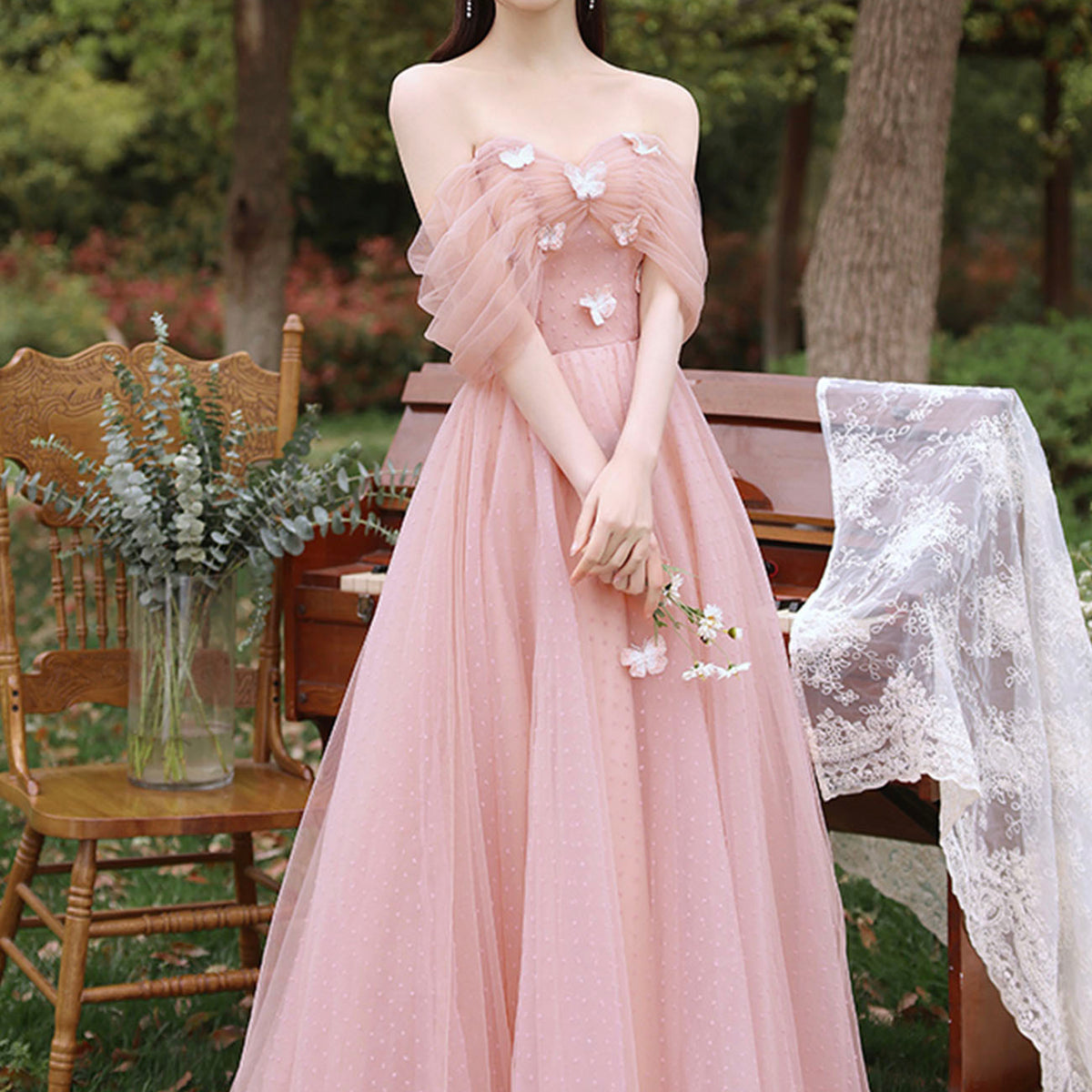 Pink Tulle Long A-Line Prom Dress, Cute Pink Evening Party Dress